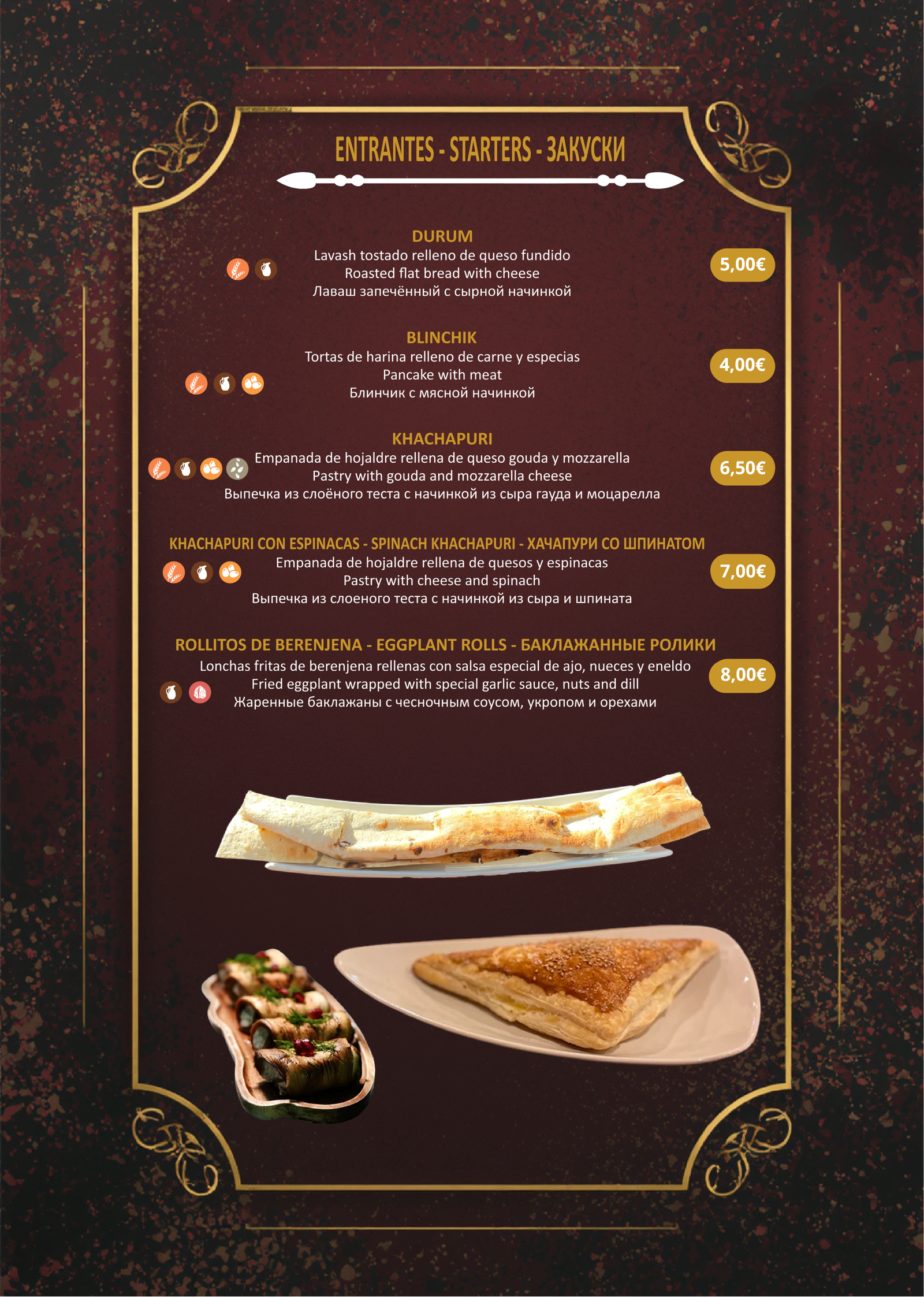 Entrantes Armenios: Durum con queso fundido, Blinchik de carne, Khachapuri, Rollitos de Berenjena